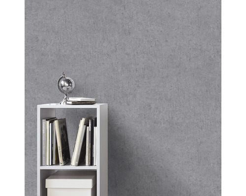 Grå tapet med cementutseende bakom en vit bokhylla med böcker, jordglob och låda