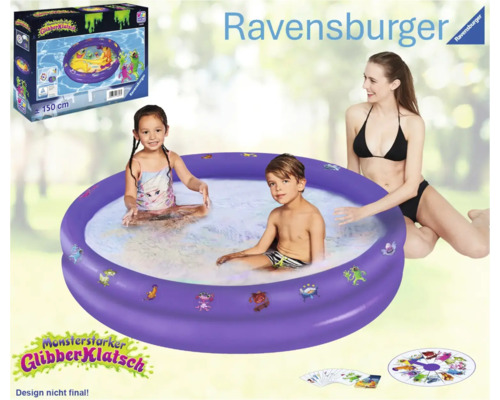 Ravensburger barnpool med barn i vattnet och spelförpackning i bakgrunden