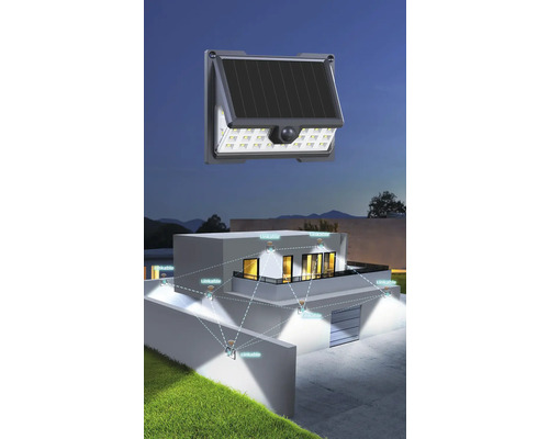 Solarlampa med rörelsesensor fäst på ett hus, som är trådlöst anslutna.