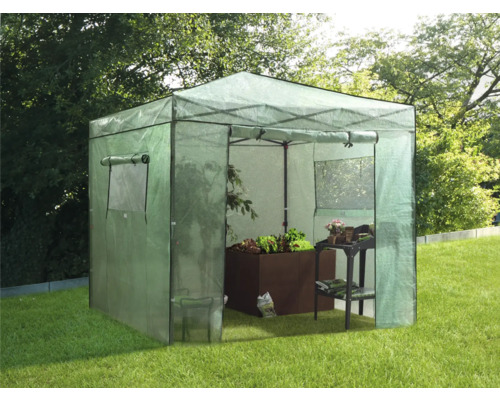 Växthus med växter och trädgårdsbord i trädgården