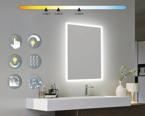Belyst spegel med beröringssensor, justerbar ljusfärg och IP44-skydd