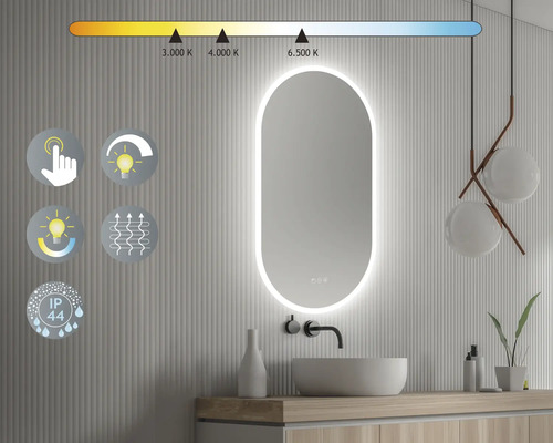 Badrum med belyst spegel, handfat och temperaturreglering