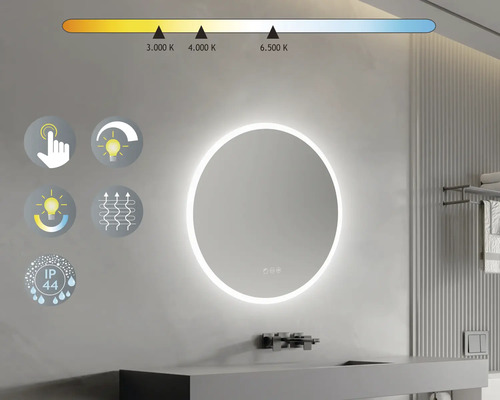 Rund spegel med LED-belysning på en badrumsvägg med handfat och armatur samt symboler för funktioner.