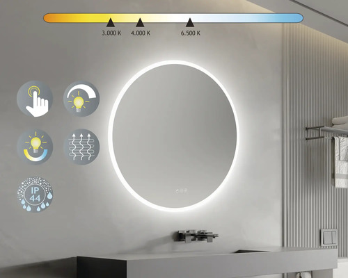 Rund spegel med LED-belysning i badrummet. Touchfunktion, justerbar ljusintensitet, justerbar färgtemperatur. IP44: Skyddad mot vattenstänk från alla håll.