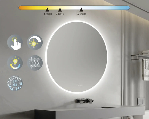 Rund spegel med LED-belysning i badrum med beröringsfunktion, ljusfärgskontroll, värme och skyddsklass IP44.