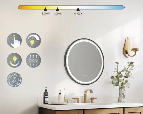 Rund badrumsspegel med LED-belysning, pekfunktion, dimmerfunktion, värmefunktion och skyddsklass IP44 i ett badrum