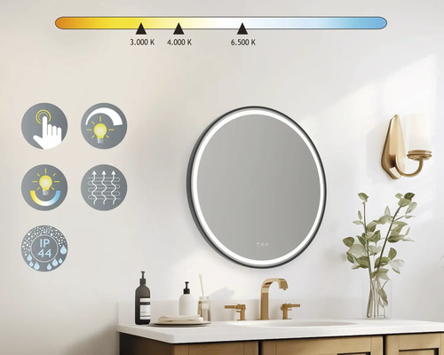 Badrum med rund spegel, temperaturkontroll, beröringssensor, dimmerfunktion, anti-imfunktion och skyddsklass IP44.