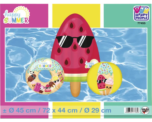 Badsats bestående av badring, vattenboll och glasspinne