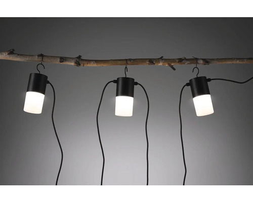 Tre utomhuslampor med krokar hänger på en gren.