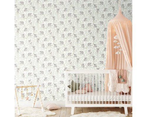 Barnrum med koala tapet, spjälsäng och lekbåge