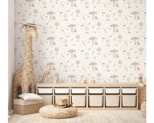 Barnrum med tapet med djurmotiv, hyllor, förvaringslådor och leksaker