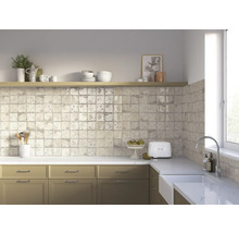 Köksscen med köksskåp, diskho, kakel och dekorationer på en hylla