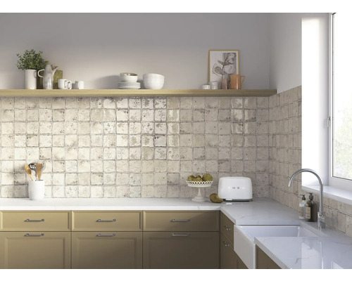 Köksscen med köksskåp, diskho, kakel och dekorationer på en hylla