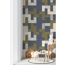 Barnrum med leksaker och väggdekoration i stil med byggklossar