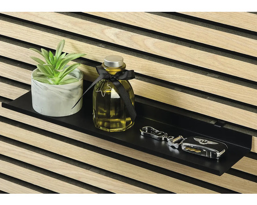 Dekorativ krukväxt, doftflaska och nycklar på en svart vägghylla framför en trävägg