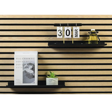 Dekorativa väggpaneler med hyllor, kalender, bok och växt för inredning