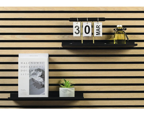 Dekorativa väggpaneler med hyllor, kalender, bok och växt för inredning