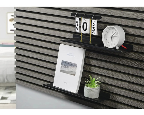 Dekorativ väggpanel med två hyllor, dekorerad med en krukväxt, en bok, en kalender och en klocka.