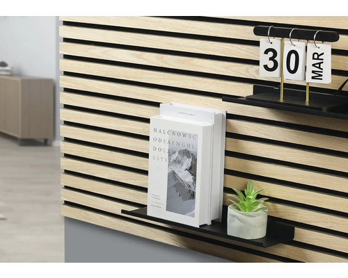 Väggpanel av trä med hyllor, bok, växt och kalender