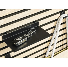 Metallhylla med bilnyckel och nyckelring på en trävägg