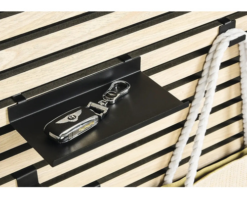 Metallhylla med bilnyckel och nyckelring på en trävägg