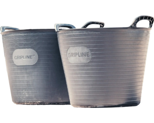 Två grå murbruksbaljor med handtag och Gripline-logotyp.