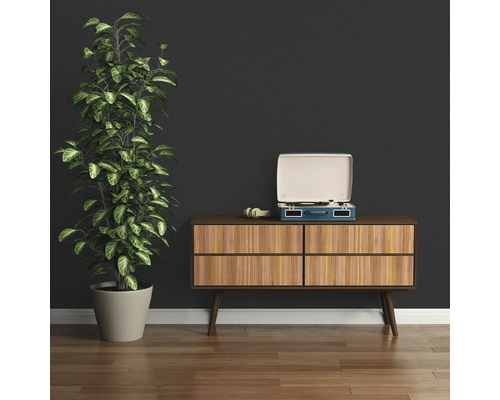 Inredningsscen med byrå, skivspelare och krukväxt.