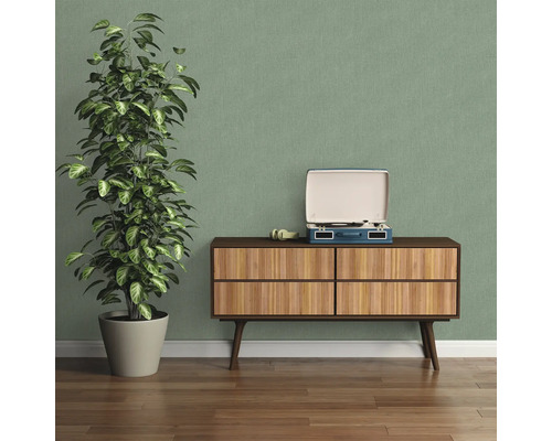 Dekorativ interiör med byrå, krukväxt och skivspelare för en mysig atmosfär