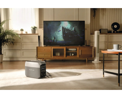 EcoFlow Powerstation i ett vardagsrum med en TV