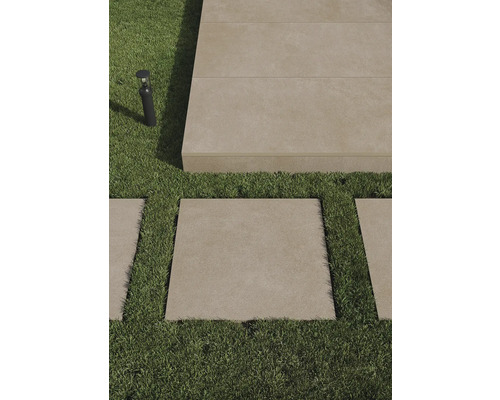 Trädgårdsscen med stenbelagda terrassplattor på gräs