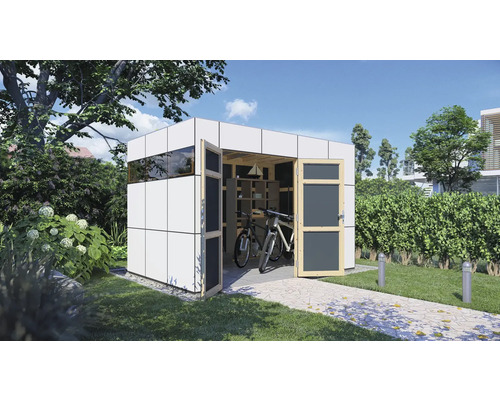 Modern trädgårdsskjul med öppna dörrar, cyklar och hyllor inuti.