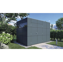 Modern trädgårdsbox av metall med fönster och dörr i trädgården