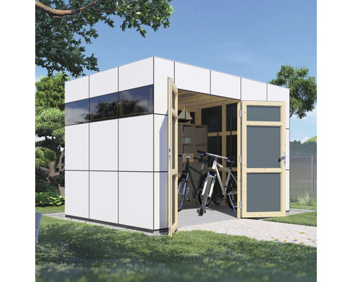 Modern trädgårdshus med cyklar och hyllor