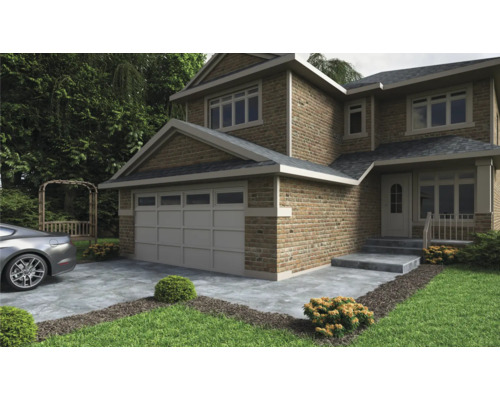 Exteriör av ett tvåvåningshus med garage, stentrappa och välskött gräsmatta