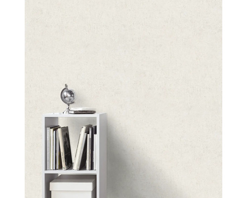 Ljus vägg med putsstruktur bredvid en bokhylla med dekorationer