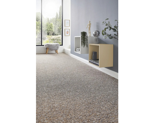 Interiör med heltäckningsmatta, hyllor och dekorativa element för en mysig atmosfär.