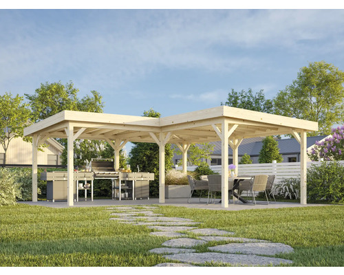 Trädgårdsscen med dubbel träpergola, grillplats och sittgrupp utomhus