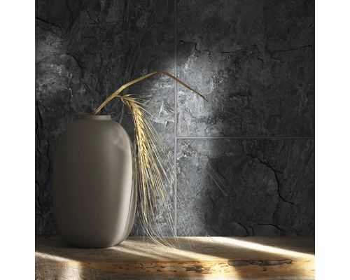 Dekorativ stenmur med vas och veteax