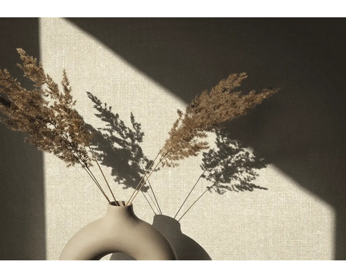 Dekorativ vas med torkat vassgräs framför en vägg