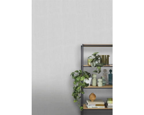 Dekorativ hylla med växter och dekorativa element framför en vägg