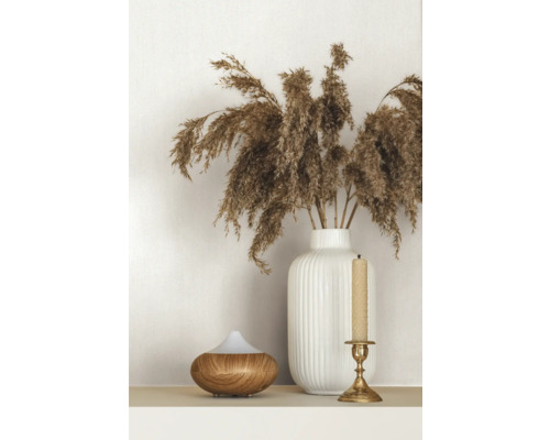 Dekorativ scen med doftlampa, vas med pampasgräs och ljusstake