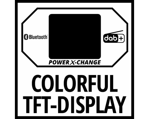 Bluetooth symbol, DAB+ symbol, Power X-Change indikation och färgstark TFT-skärm