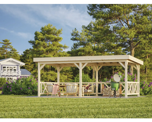 Paviljong PALMAKO Lenna 16,6m² set 307 inkl. räcke 588x300cm doppimpregnerad Ljus träpergola med trädgårdsmöbler och grill i trädgården