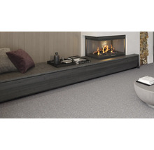 Vardagsrum med öppen spis, dekoration och grå heltäckningsmatta.