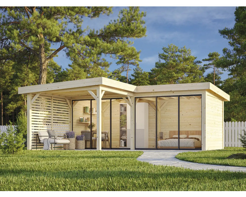 Modernt trädgårdshus med terrass och sovrum i en grönskande miljö.