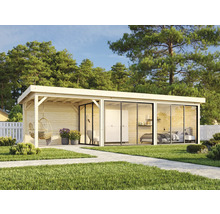 Modernt trädgårdshus med terrass, stora glasfronter och sovrumsinredning