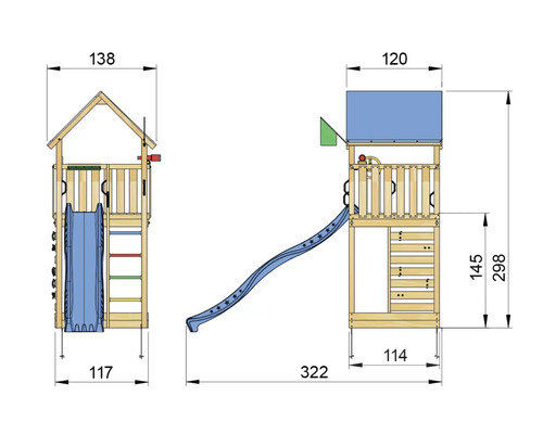 Teknisk ritning av ett lektorn med rutschkana och klättervägg med mått