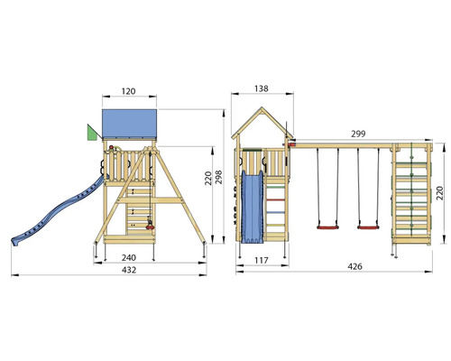 Mått på ett lektorn med rutschkana, gunga och stege.