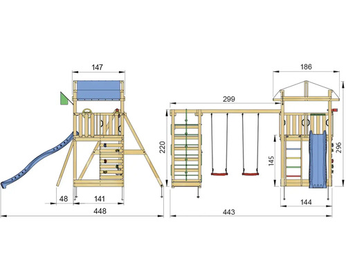 Illustration av en lekplats med rutschkana, gungor, klättervägg och torn med måttangivelser