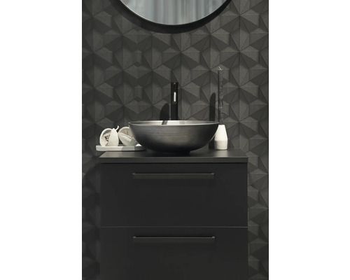 Badrum med underskåp för handfat, tvättställsskål och 3D-väggpaneler